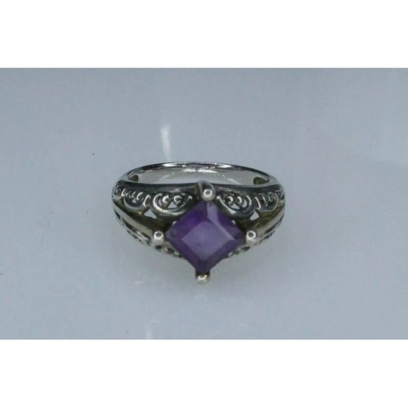 Sterling Silver Ring With Square Amethyst Gemstone & Ornate Filigree Design Size - Picture 8 of 11